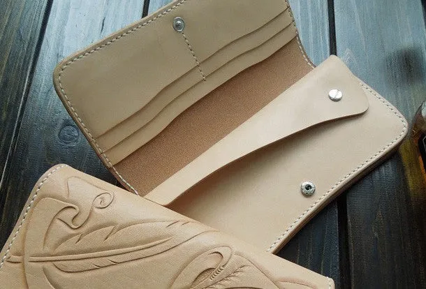 Handmade biker wallet carved trucker wallet chain leather long floral wallet for men