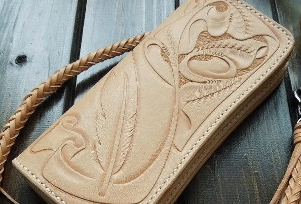 Handmade biker wallet carved trucker wallet chain leather long floral wallet for men