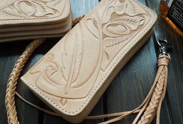 Handmade biker wallet carved trucker wallet chain leather long floral wallet for men