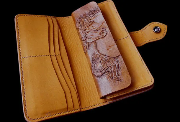 Handmade biker wallet leather bifold vintage galloping horse leather long wallet for men