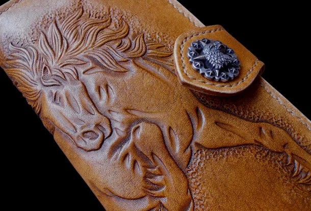 Handmade biker wallet leather bifold vintage galloping horse leather long wallet for men