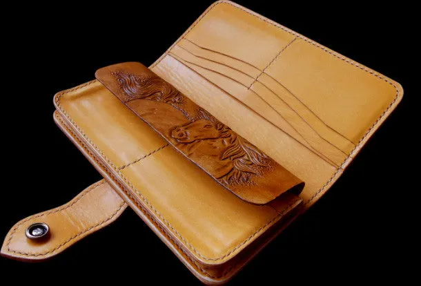 Handmade biker wallet leather bifold vintage galloping horse leather long wallet for men