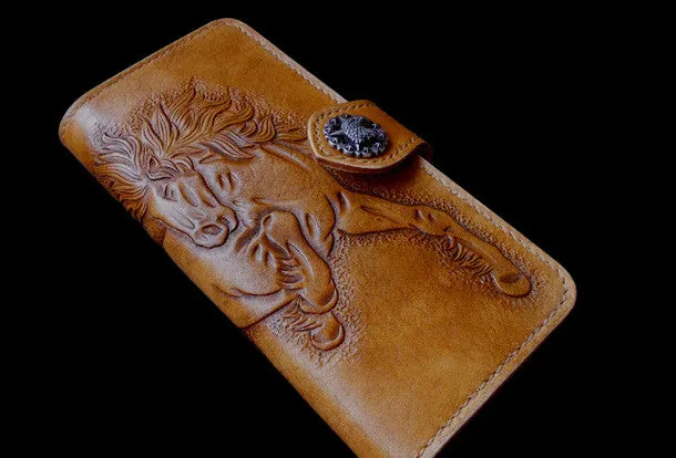 Handmade biker wallet leather bifold vintage galloping horse leather long wallet for men
