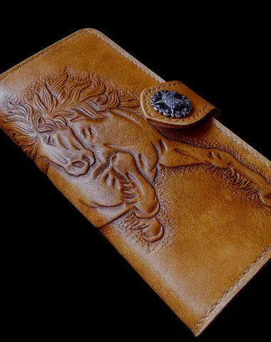 Handmade biker wallet leather bifold vintage galloping horse leather long wallet for men