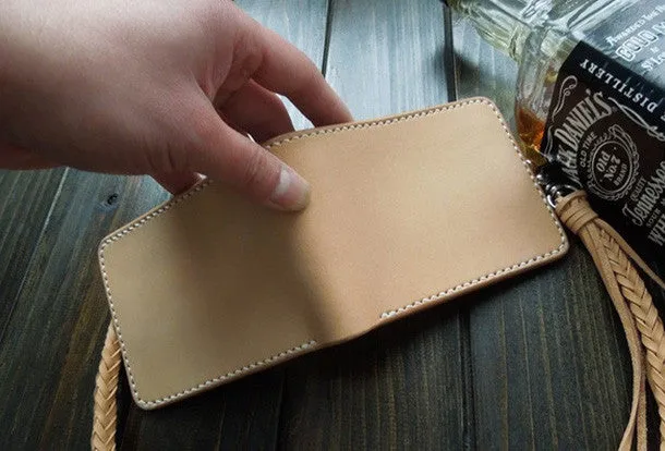 Handmade billfold leather wallet beige leather bifold biker wallet billfold wallet purse for men