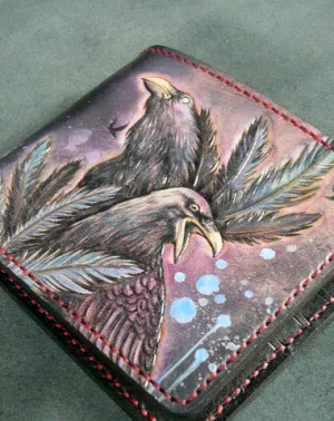 Handmade billfold leather wallet men Crow carved leather billfold wallet for men him