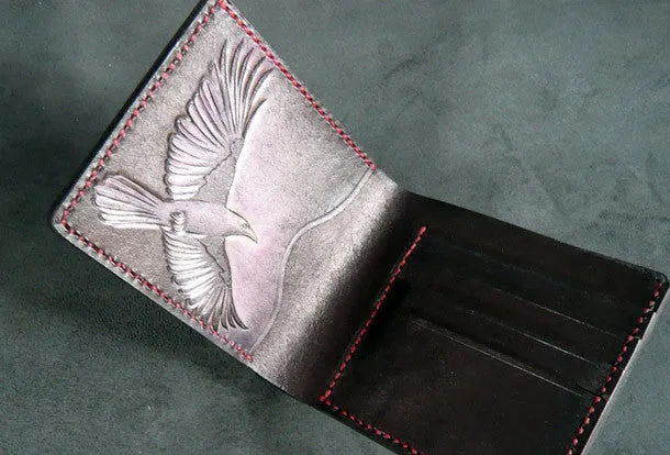 Handmade billfold leather wallet men Crow carved leather billfold wallet for men him