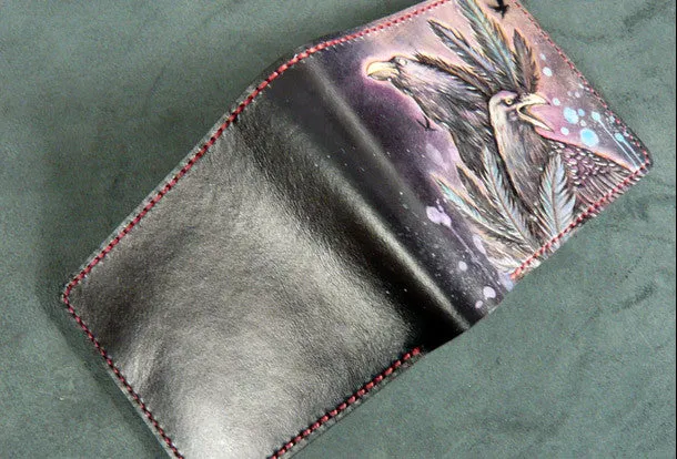 Handmade billfold leather wallet men Crow carved leather billfold wallet for men him