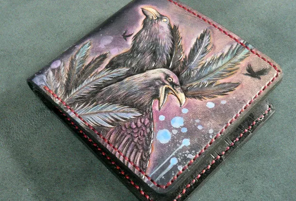 Handmade billfold leather wallet men Crow carved leather billfold wallet for men him