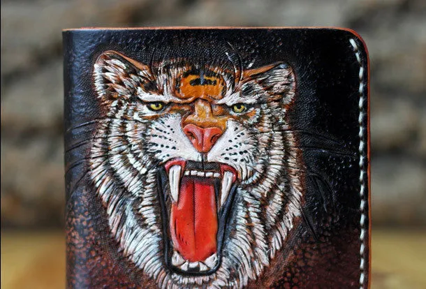 Handmade billfold leather wallet men tiger carved leather billfold wallet for men him