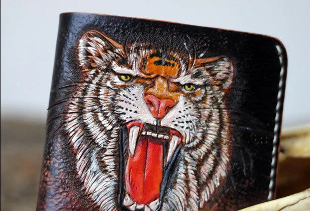 Handmade billfold leather wallet men tiger carved leather billfold wallet for men him