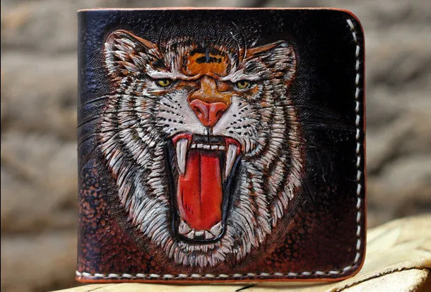 Handmade billfold leather wallet men tiger carved leather billfold wallet for men him