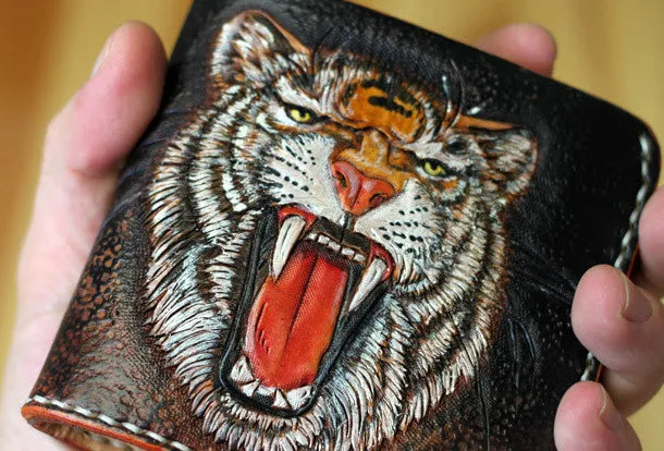Handmade billfold leather wallet men tiger carved leather billfold wallet for men him