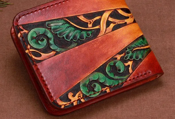 Handmade billfold leather wallet men tooled carved billfold wallet for him