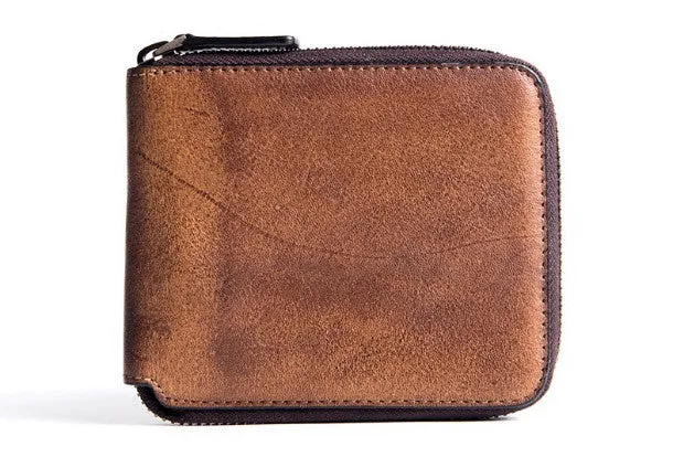 Handmade billfold wallet leather men zip multi cards vintage wallet for men