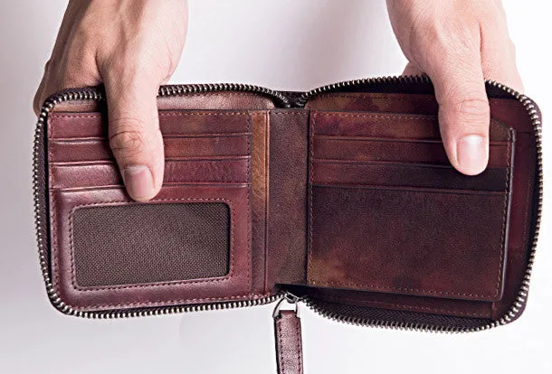 Handmade billfold wallet leather men zip multi cards vintage wallet for men