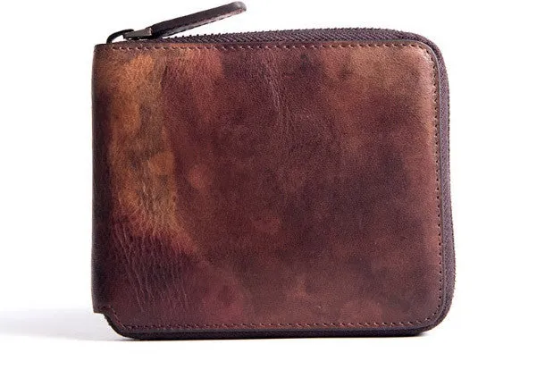 Handmade billfold wallet leather men zip multi cards vintage wallet for men