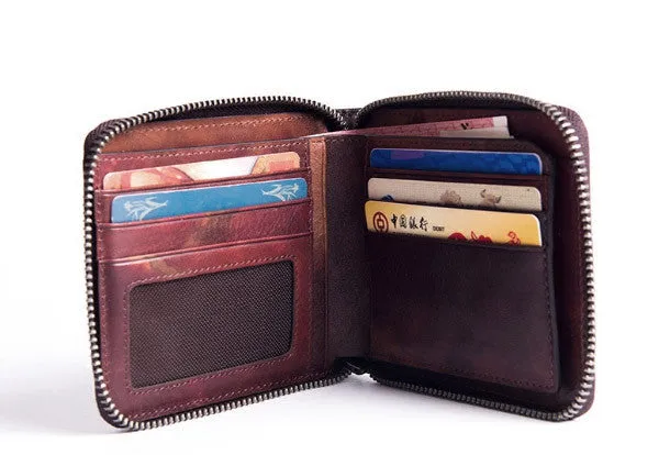 Handmade billfold wallet leather men zip multi cards vintage wallet for men