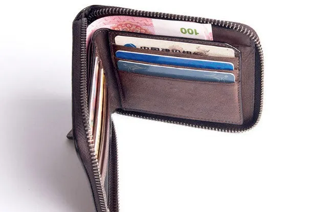 Handmade billfold wallet leather men zip multi cards vintage wallet for men