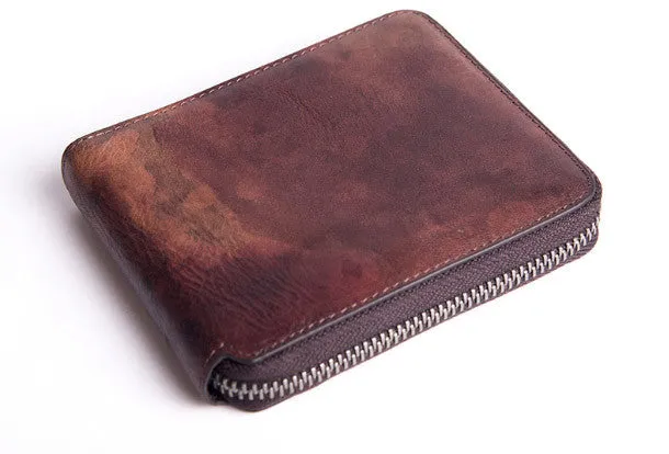 Handmade billfold wallet leather men zip multi cards vintage wallet for men