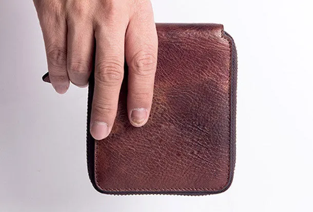Handmade billfold wallet leather men zip multi cards vintage wallet for men