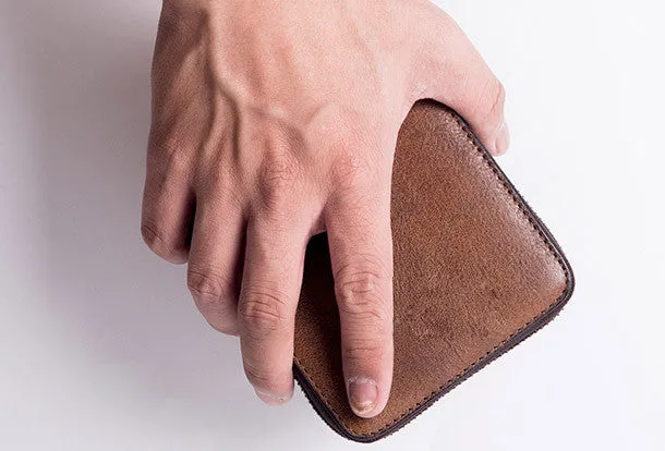 Handmade billfold wallet leather men zip multi cards vintage wallet for men