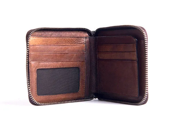 Handmade billfold wallet leather men zip multi cards vintage wallet for men