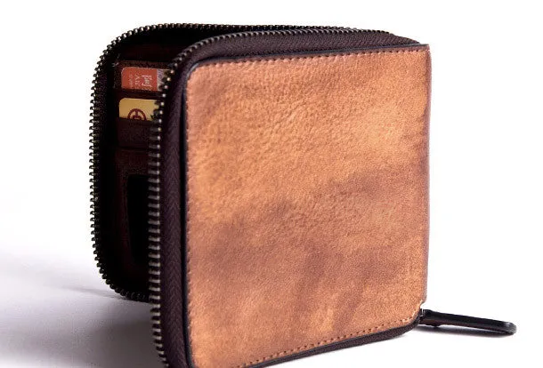 Handmade billfold wallet leather men zip multi cards vintage wallet for men