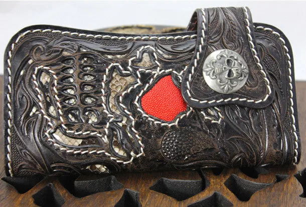 Handmade black coffee leather punk skull carved biker wallet Long wallet clutch for men