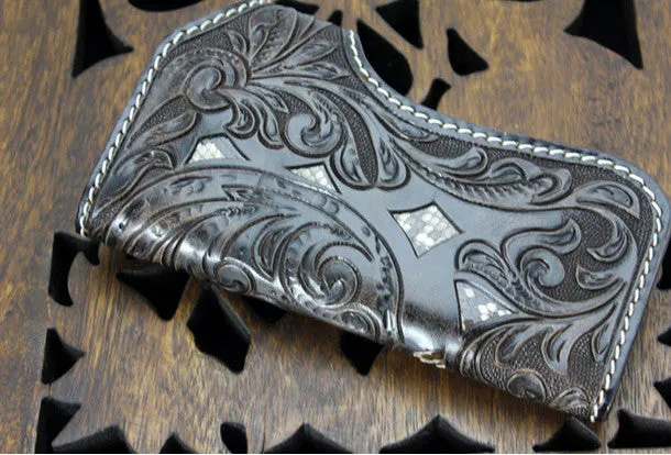 Handmade black coffee leather punk skull carved biker wallet Long wallet clutch for men