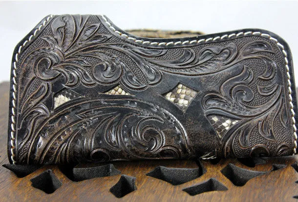 Handmade black coffee leather punk skull carved biker wallet Long wallet clutch for men