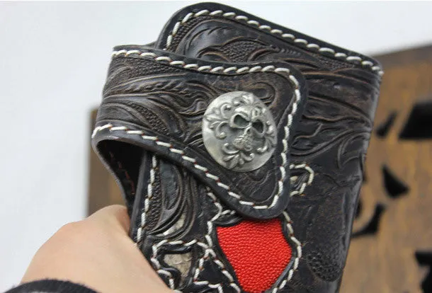 Handmade black coffee leather punk skull carved biker wallet Long wallet clutch for men