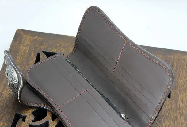 Handmade black coffee leather punk skull carved biker wallet Long wallet clutch for men