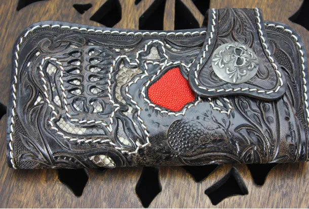 Handmade black coffee leather punk skull carved biker wallet Long wallet clutch for men