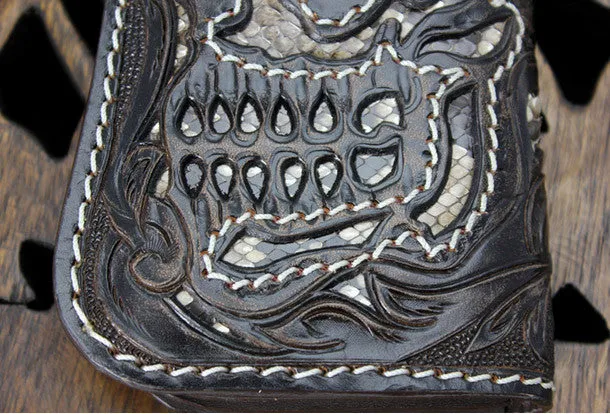 Handmade black coffee leather punk skull carved biker wallet Long wallet clutch for men