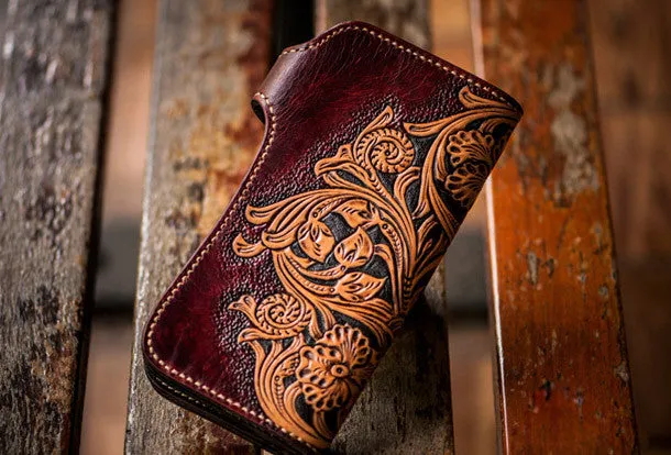 Handmade black leather indian skull carved biker wallet bifold Long wallet for men