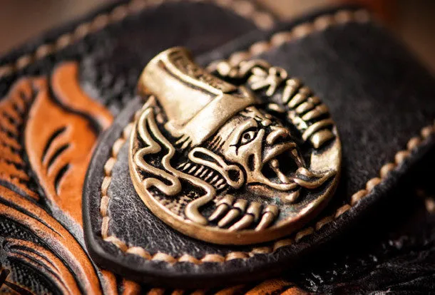 Handmade black leather indian skull carved biker wallet bifold Long wallet for men