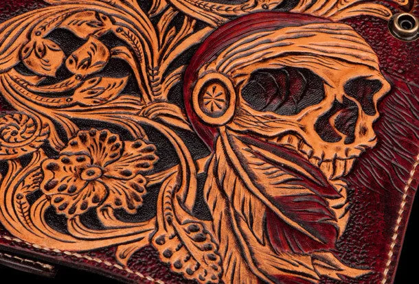 Handmade black leather indian skull carved biker wallet bifold Long wallet for men