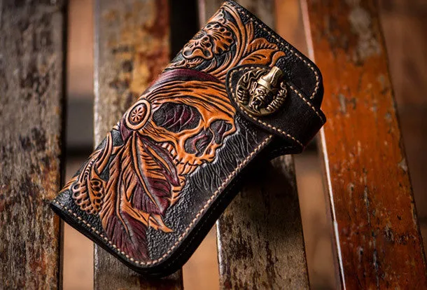 Handmade black leather indian skull carved biker wallet bifold Long wallet for men