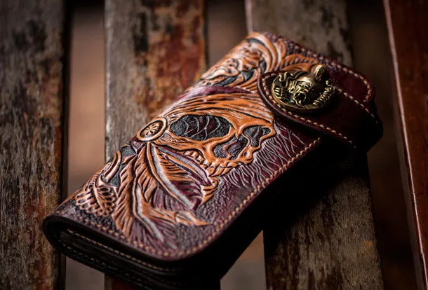 Handmade black leather indian skull carved biker wallet bifold Long wallet for men