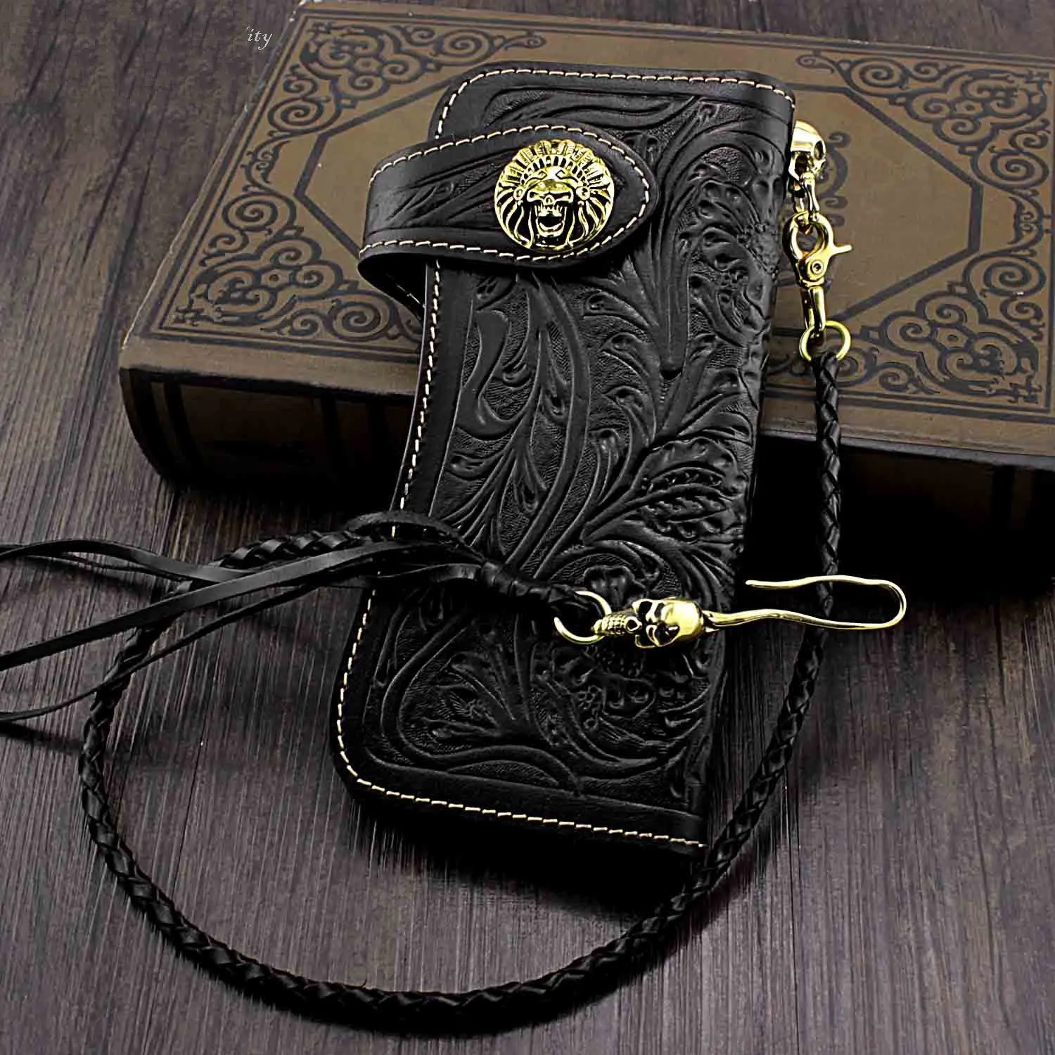 Handmade Black Leather Mens Biker Chain Wallet Biker wallet with Chain Long Wallet For Men