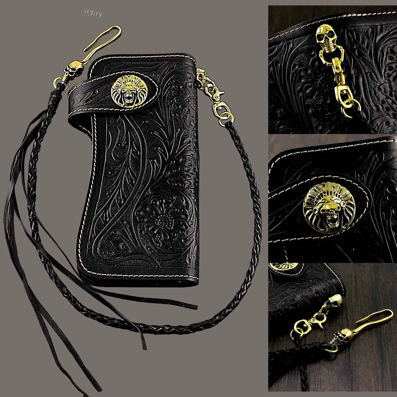 Handmade Black Leather Mens Biker Chain Wallet Biker wallet with Chain Long Wallet For Men