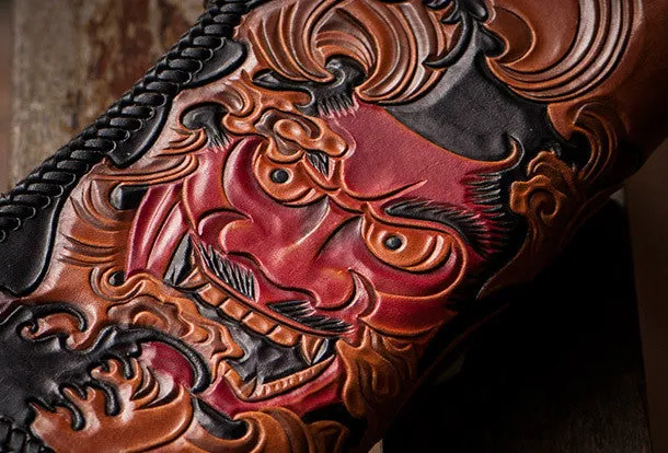 Handmade black leather Prajna Plutus carved biker wallet Long wallet clutch for men
