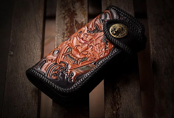 Handmade black leather Prajna Plutus carved biker wallet Long wallet clutch for men