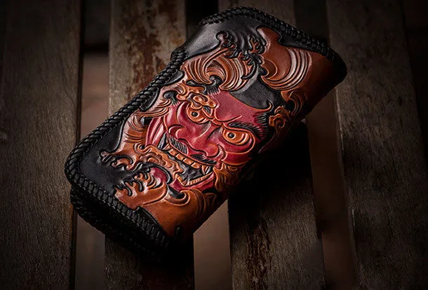 Handmade black leather Prajna Plutus carved biker wallet Long wallet clutch for men