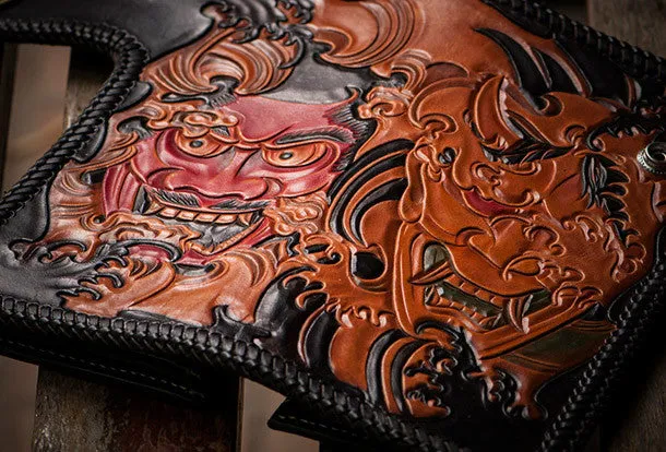 Handmade black leather Prajna Plutus carved biker wallet Long wallet clutch for men