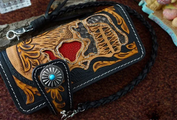 Handmade black tan leather punk skull carved biker wallet chain Long wallet  for men
