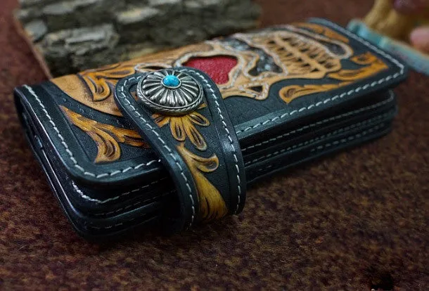 Handmade black tan leather punk skull carved biker wallet chain Long wallet  for men