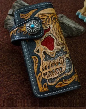 Handmade black tan leather punk skull carved biker wallet chain Long wallet  for men