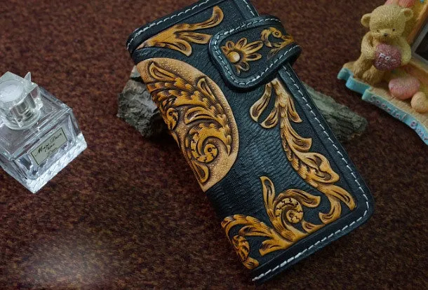 Handmade black tan leather punk skull carved biker wallet chain Long wallet  for men